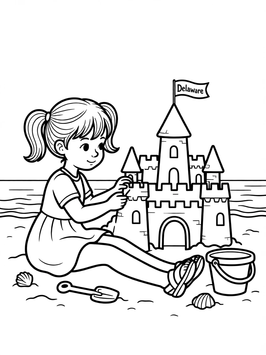 A little girl building a sandcastle with a flag in Delaware.