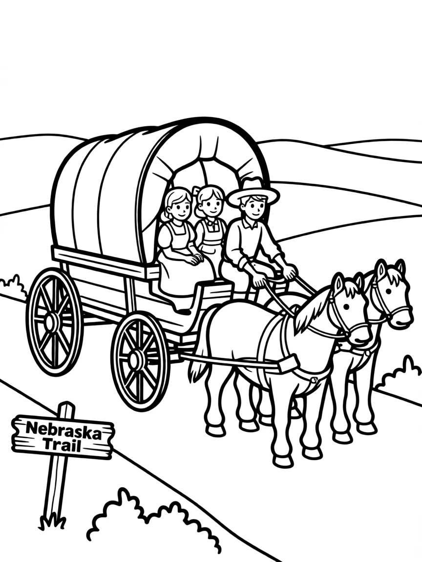 A brave pioneer family in a covered wagon in Nebraska.