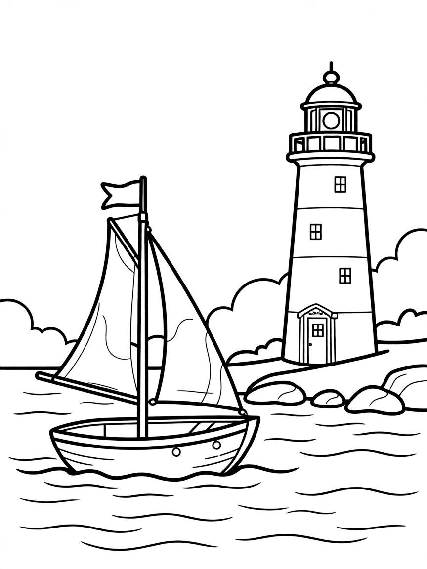 A cute little boat sailing by a lighthouse in Rhode Island.