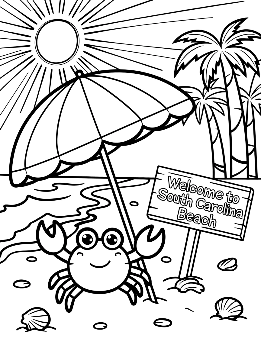 A little crab on a beach with an umbrella in South Carolina.