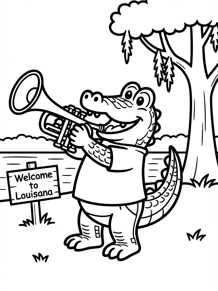 A cute little alligator playing a trumpet in Louisiana.