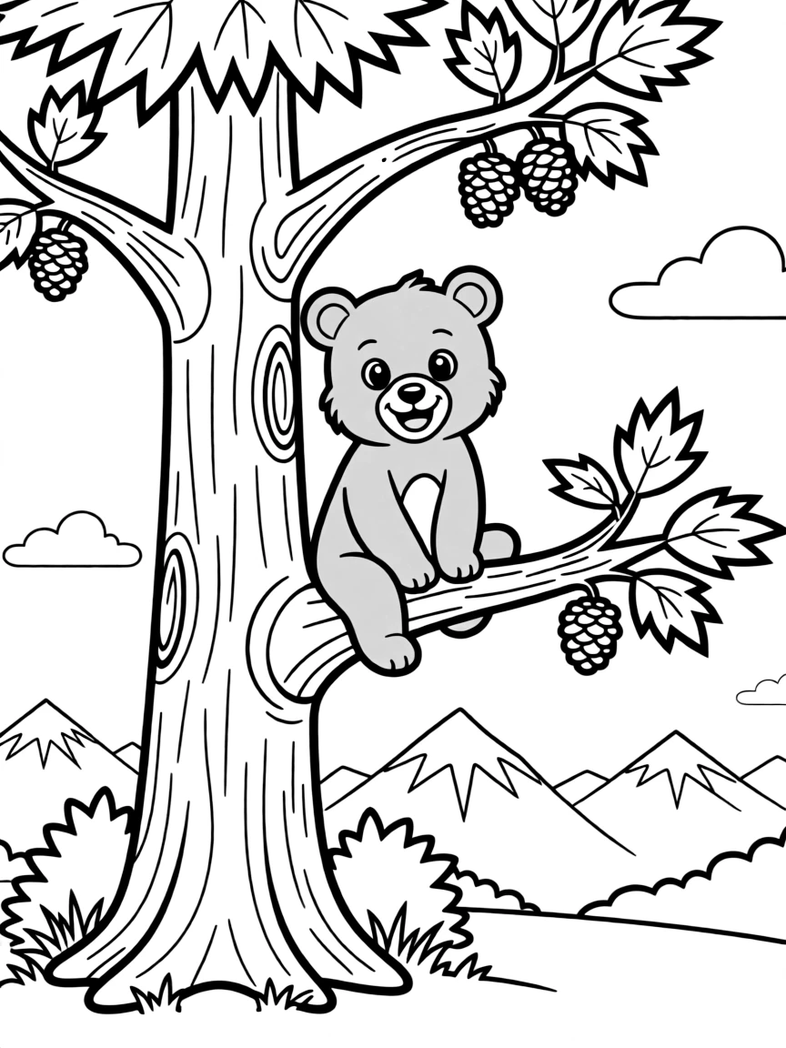 A happy bear cub playing in a tree in Alaska.