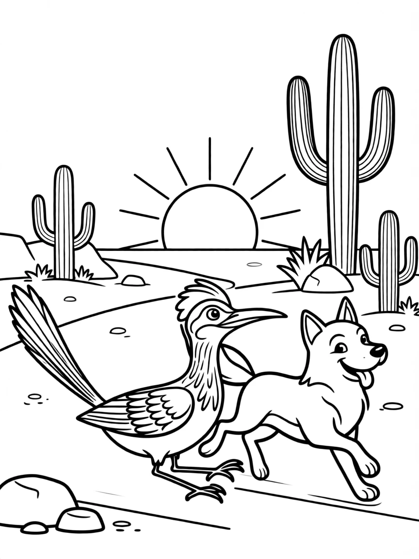 A smiling roadrunner chasing a coyote in Arizona.