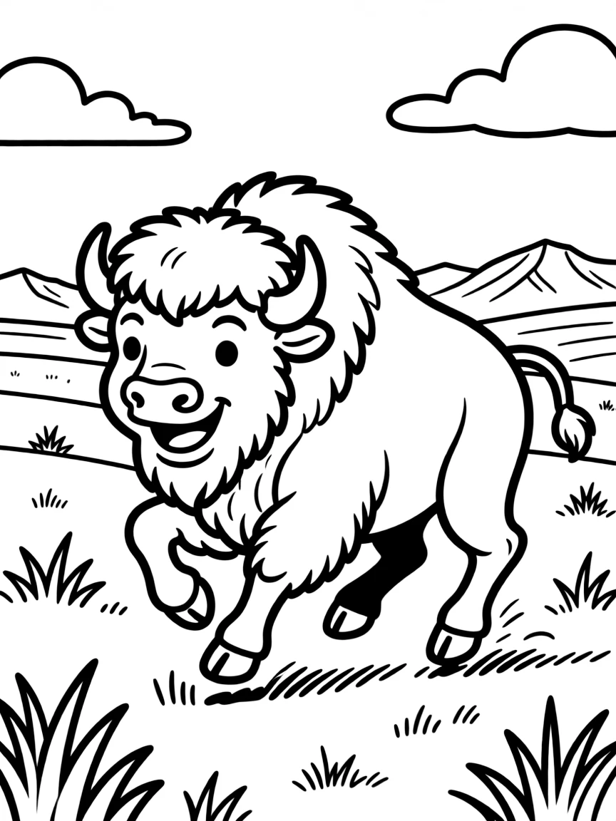 A bubbly bison galloping across a plain in Wyoming.