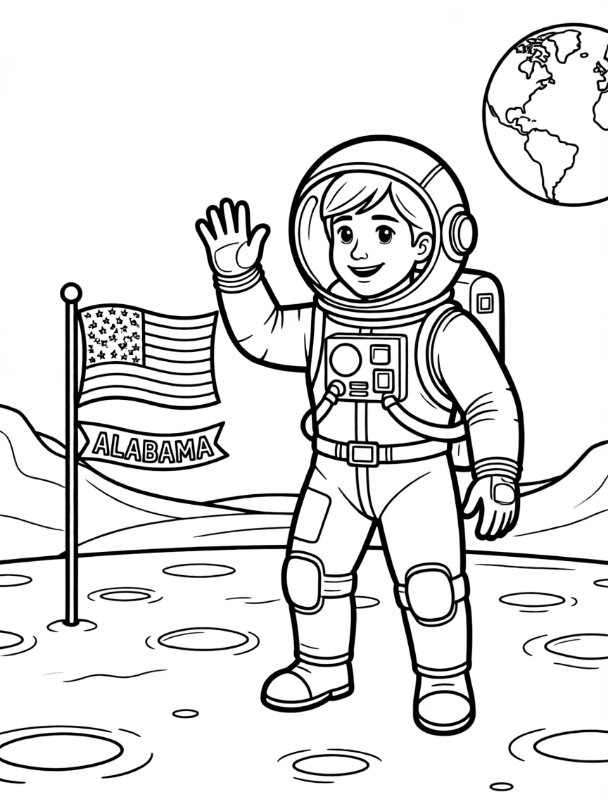A brave astronaut waving from the moon in Alabama.