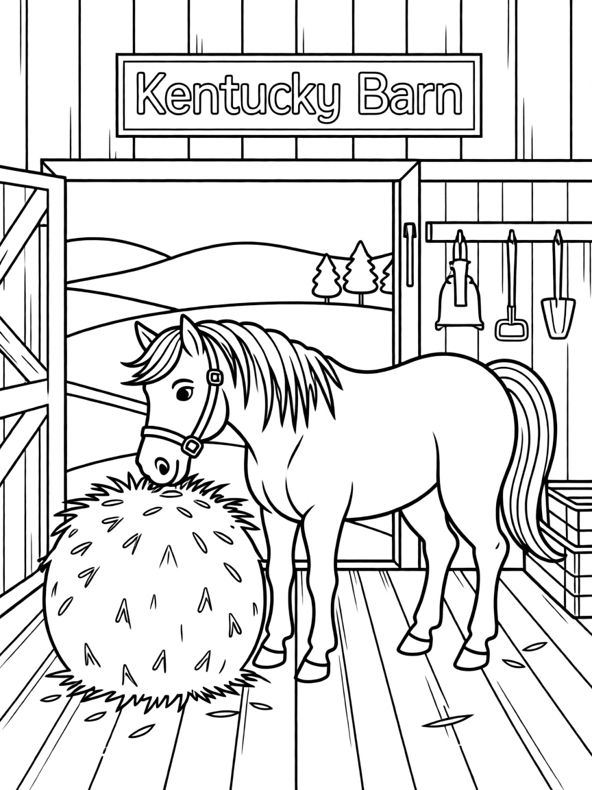 A happy horse eating hay in a barn in Kentucky.