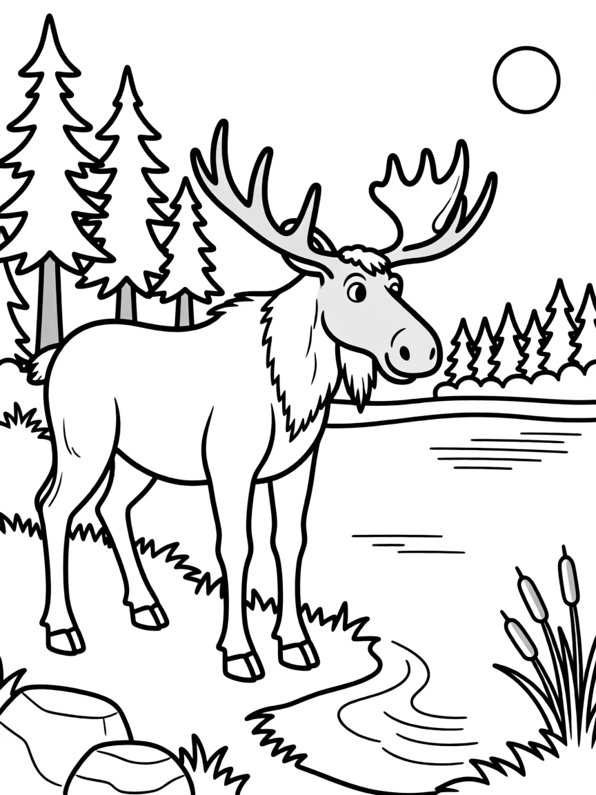 A friendly moose standing by a lake in New Hampshire.