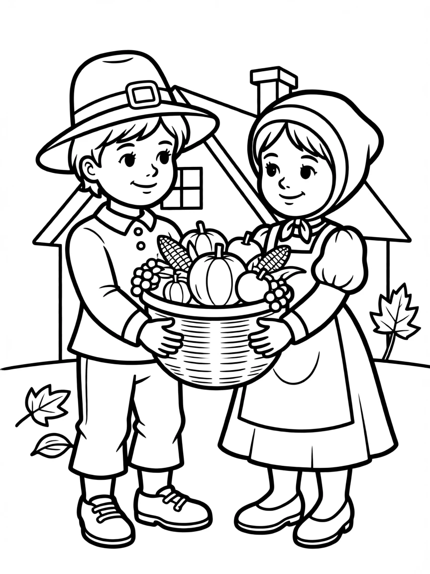 A little Pilgrim boy and girl giving thanks in Massachusetts.