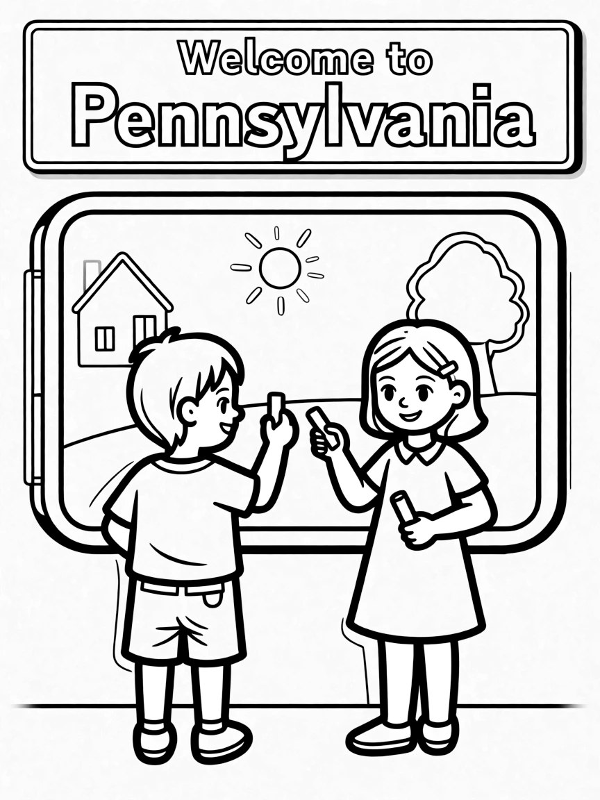 A little boy and girl drawing on a blackboard in Pennsylvania.