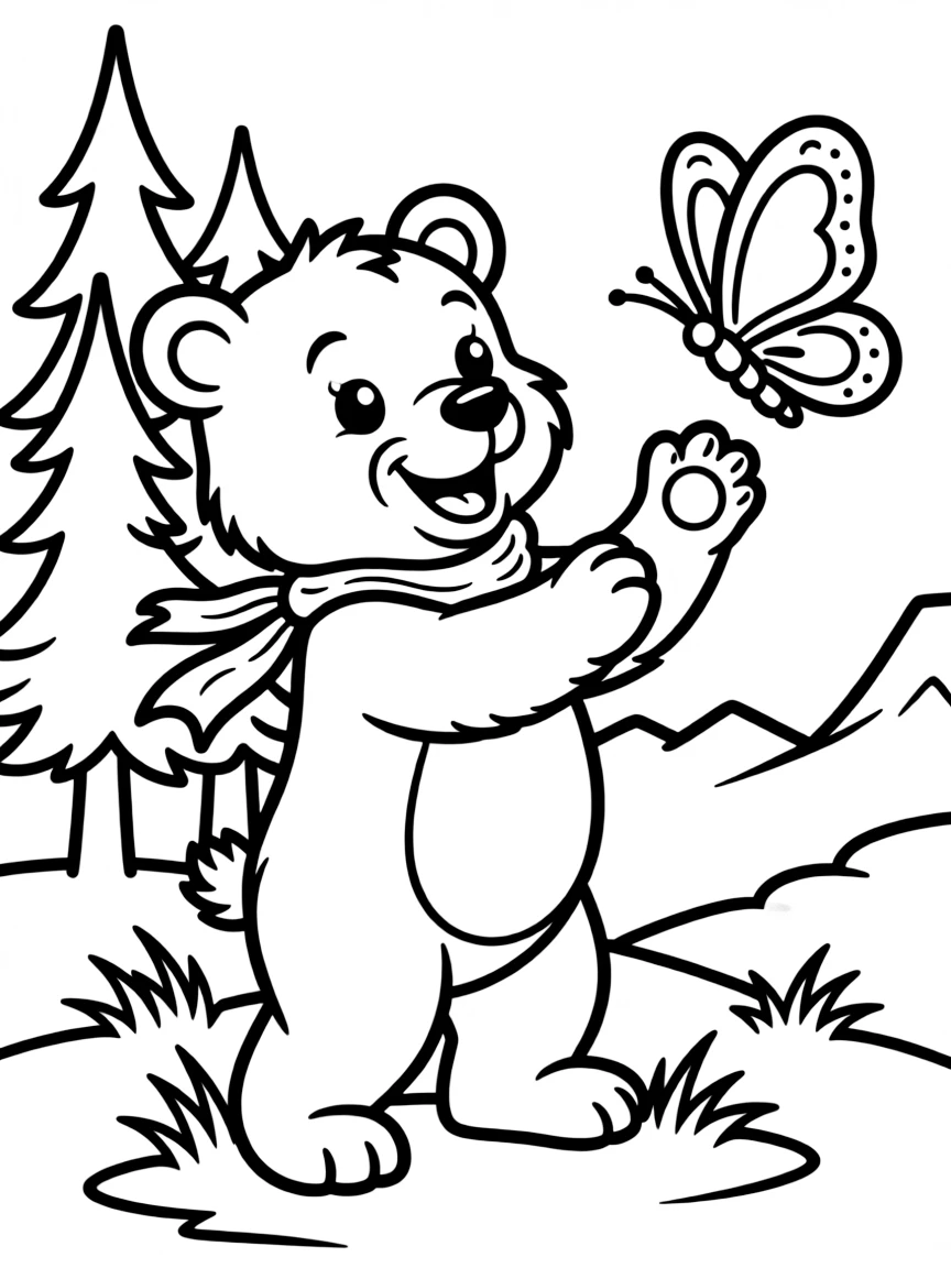 A happy grizzly bear cub playing with a butterfly in Montana.
