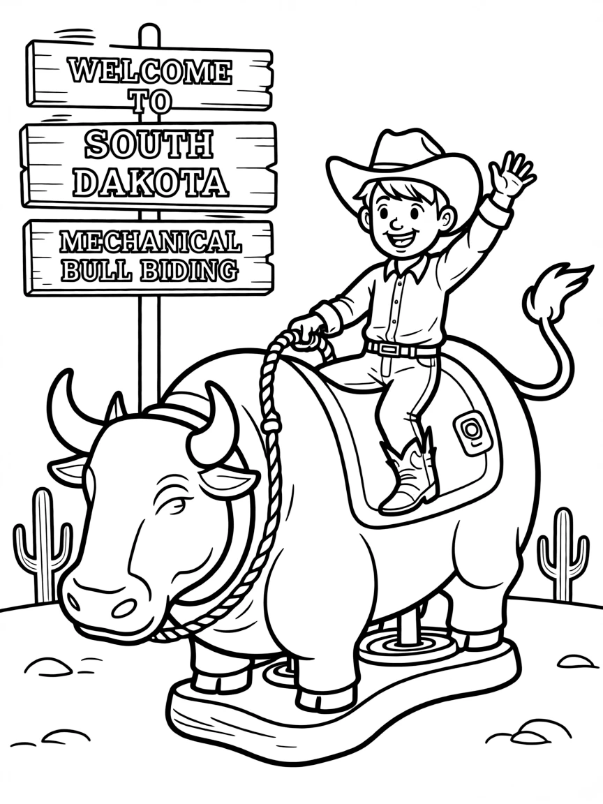 A tiny cowboy riding a mechanical bull in South Dakota.
