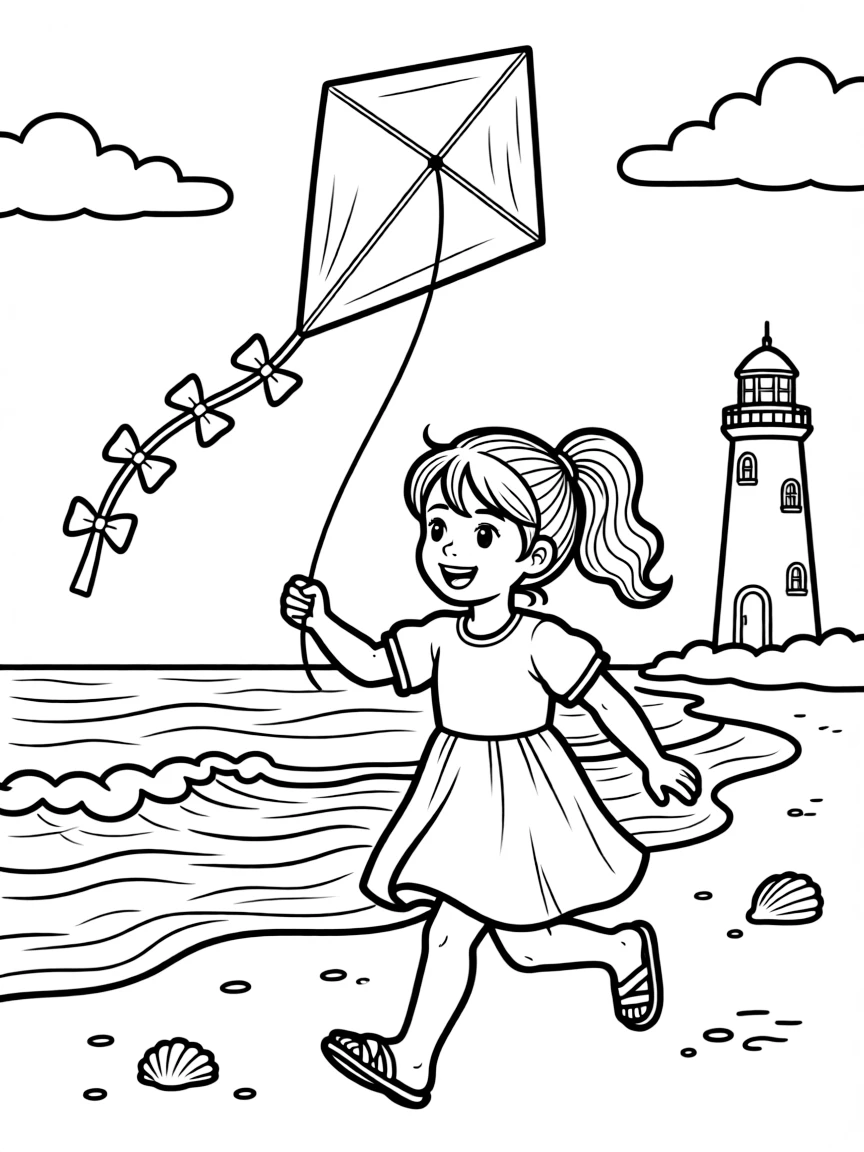 A little girl flying a kite on the beach in Delaware.