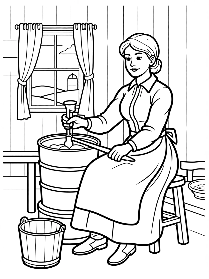 A brave pioneer woman churning butter in Nebraska.