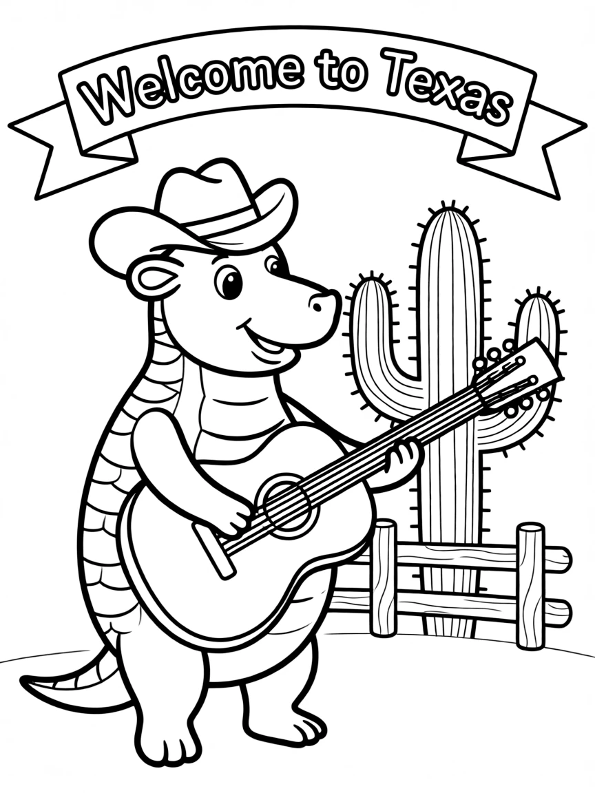 A friendly armadillo playing a guitar in Texas.