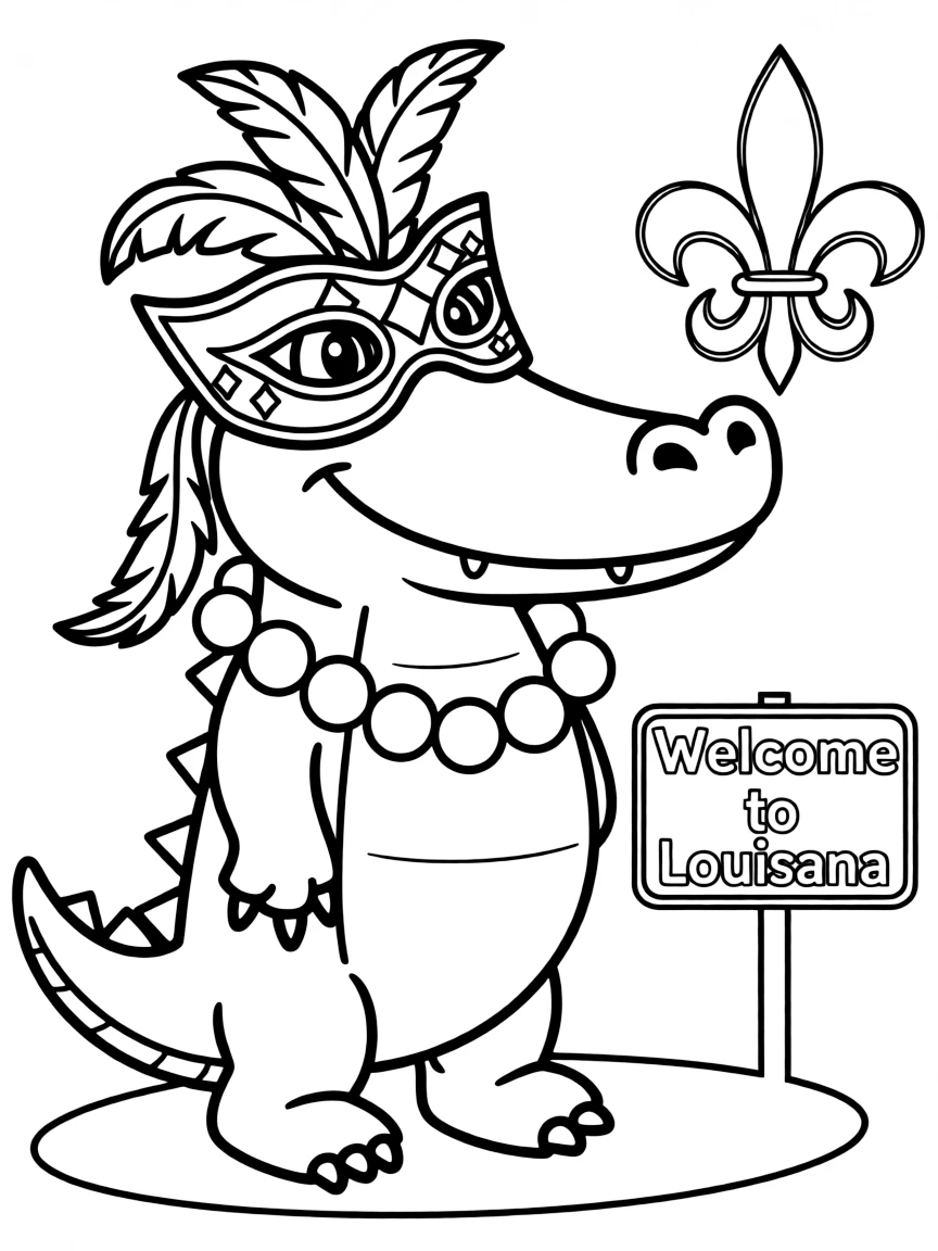 A cute little alligator wearing a Mardi Gras mask in Louisiana.