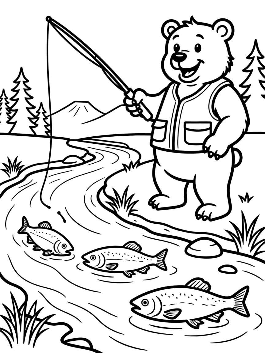 A happy bear fishing for salmon in a stream in Alaska.