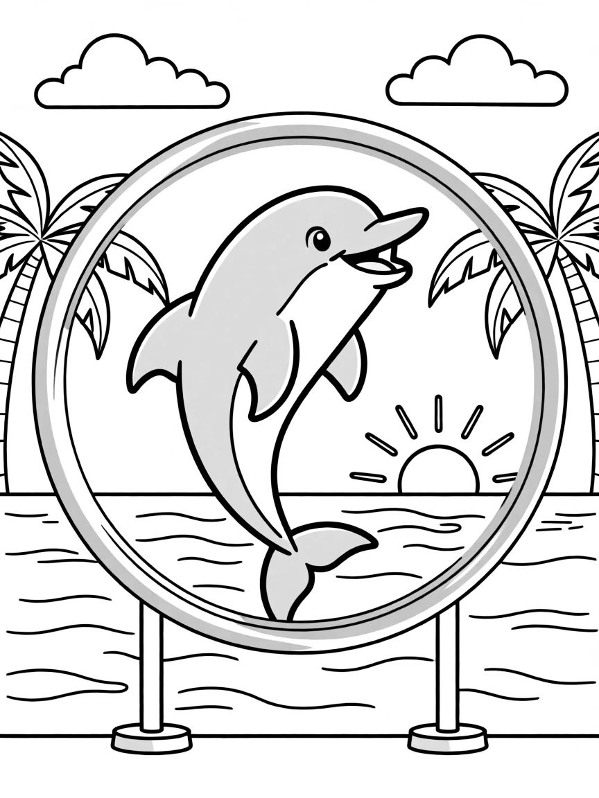 A joyful dolphin jumping through a hoop in Florida.