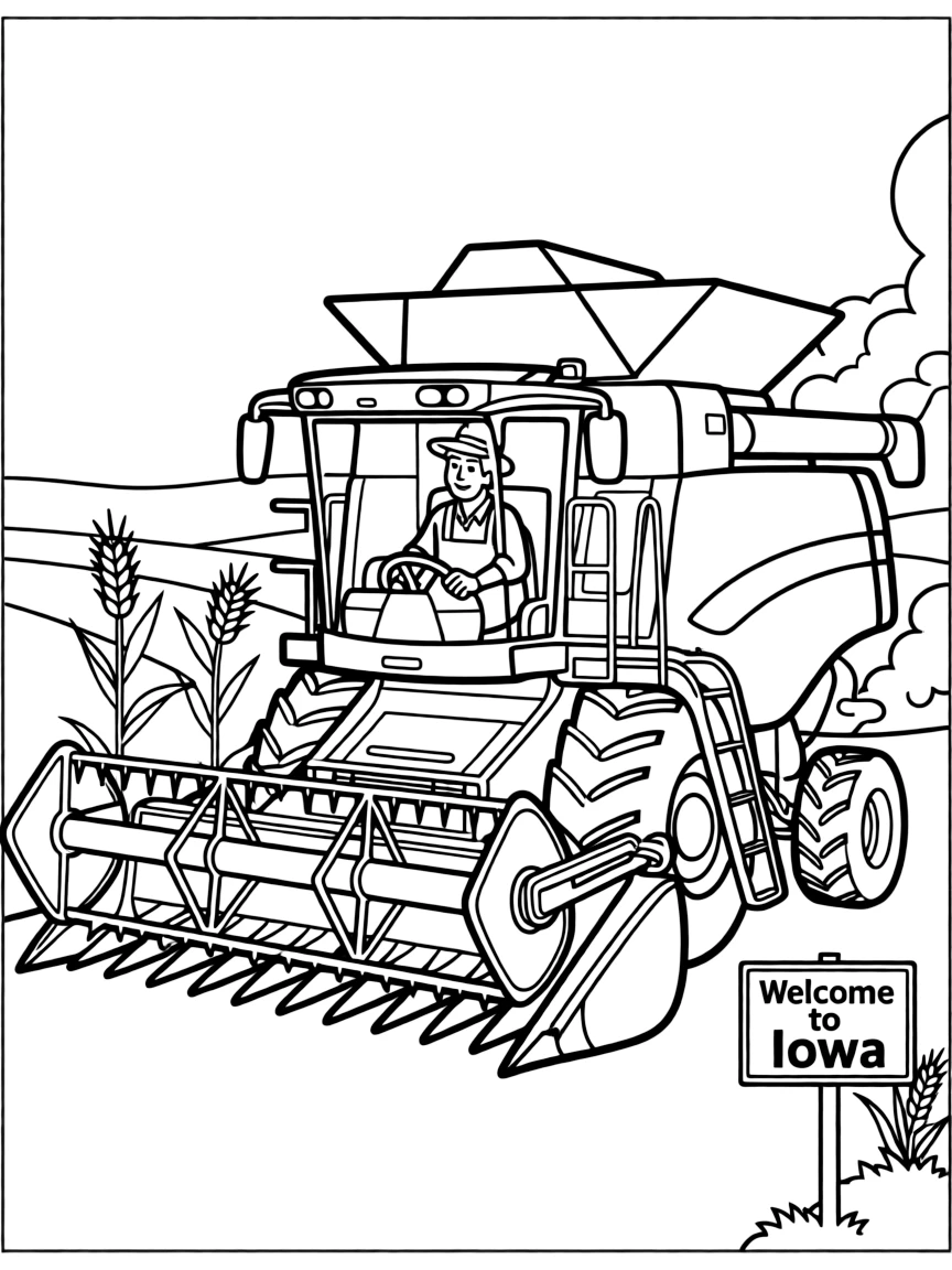 A busy farmer driving a combine harvester in Iowa.
