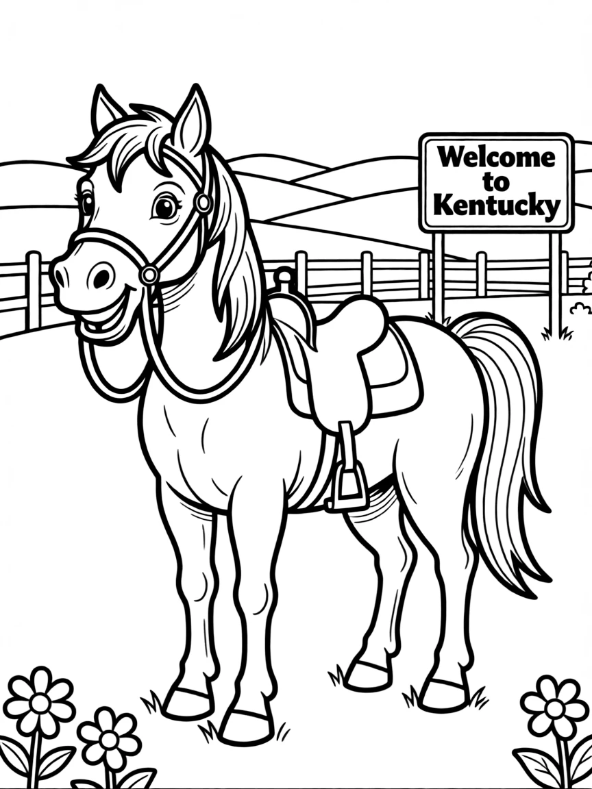 A happy horse with a saddle and bridle in Kentucky.
