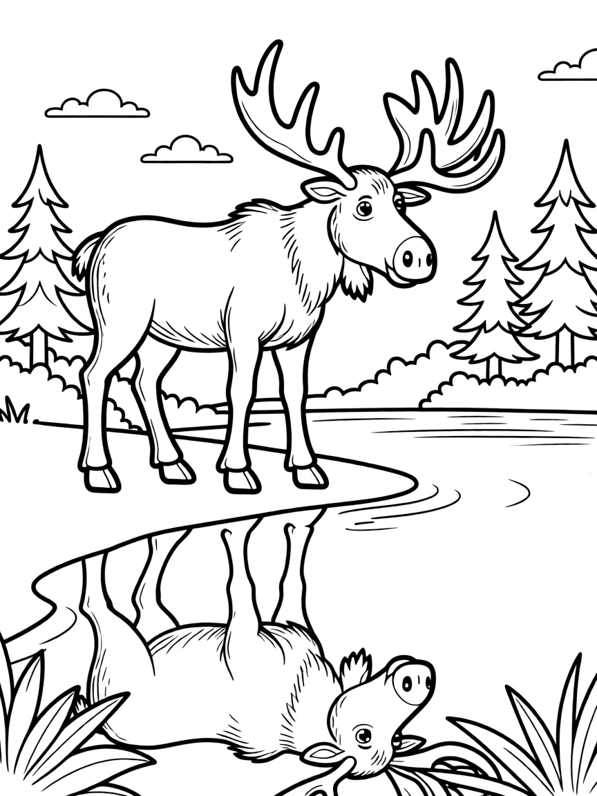 A friendly moose looking at its reflection in a lake in New Hampshire.