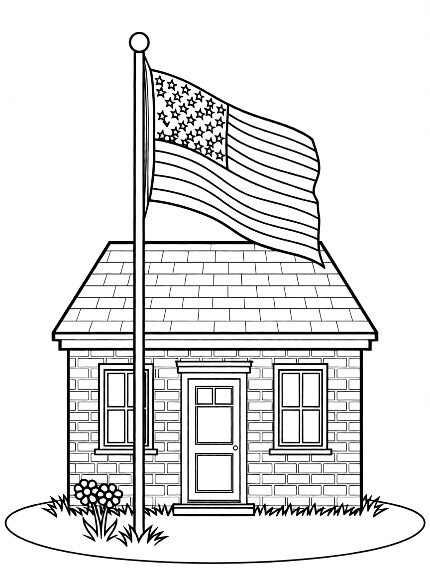 A little red brick building with an American flag in Massachusetts.