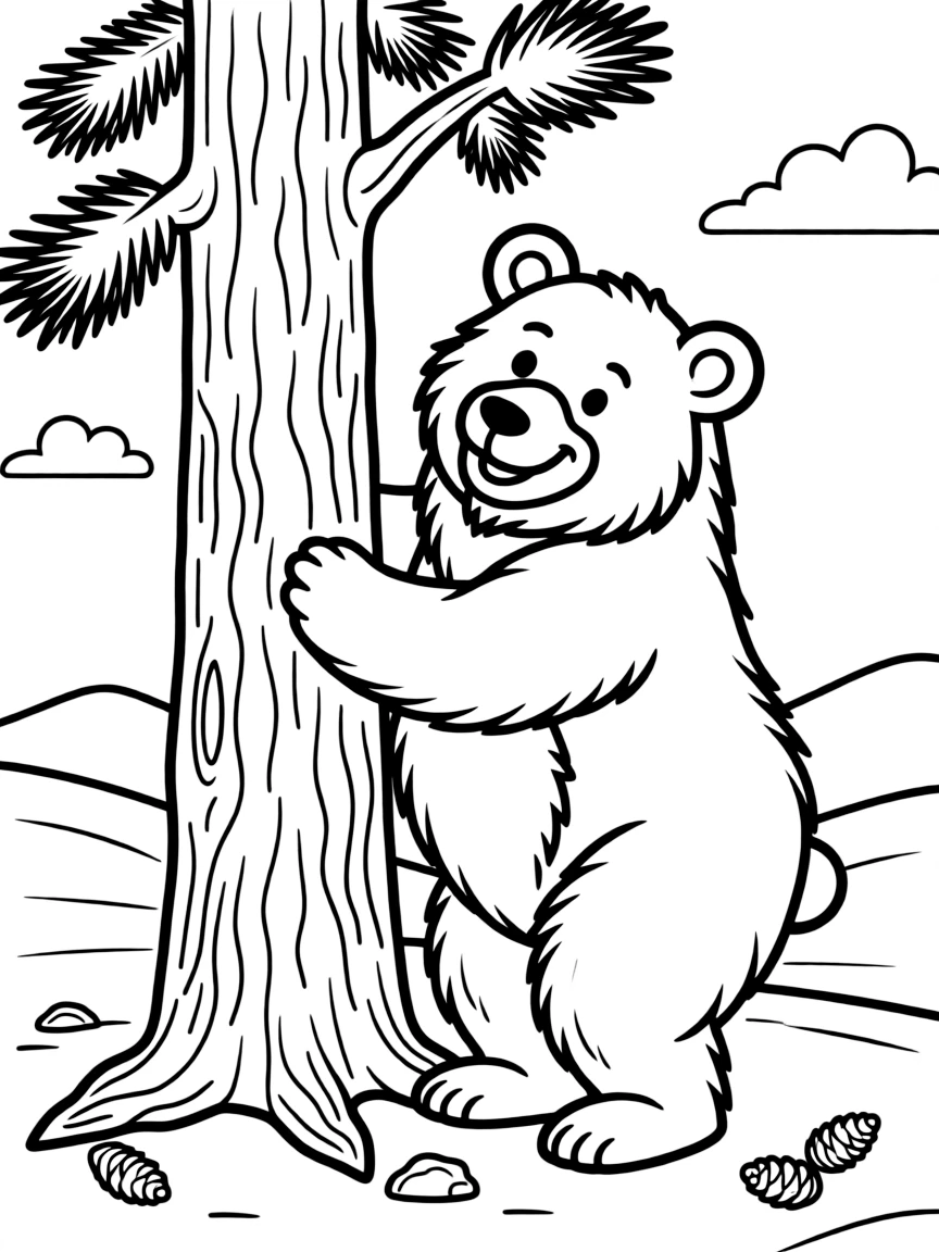 A happy grizzly bear scratching its back on a tree in Montana.