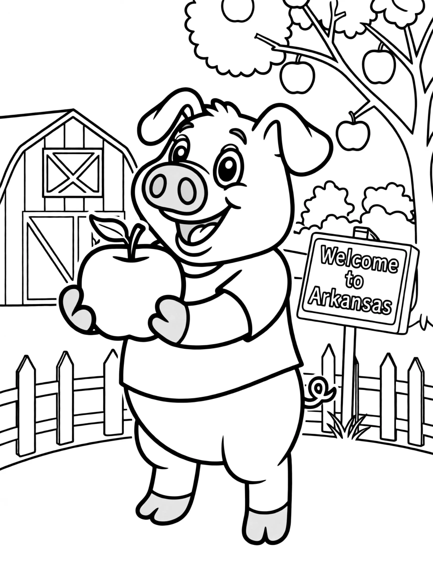 A happy pig eating an apple in Arkansas.