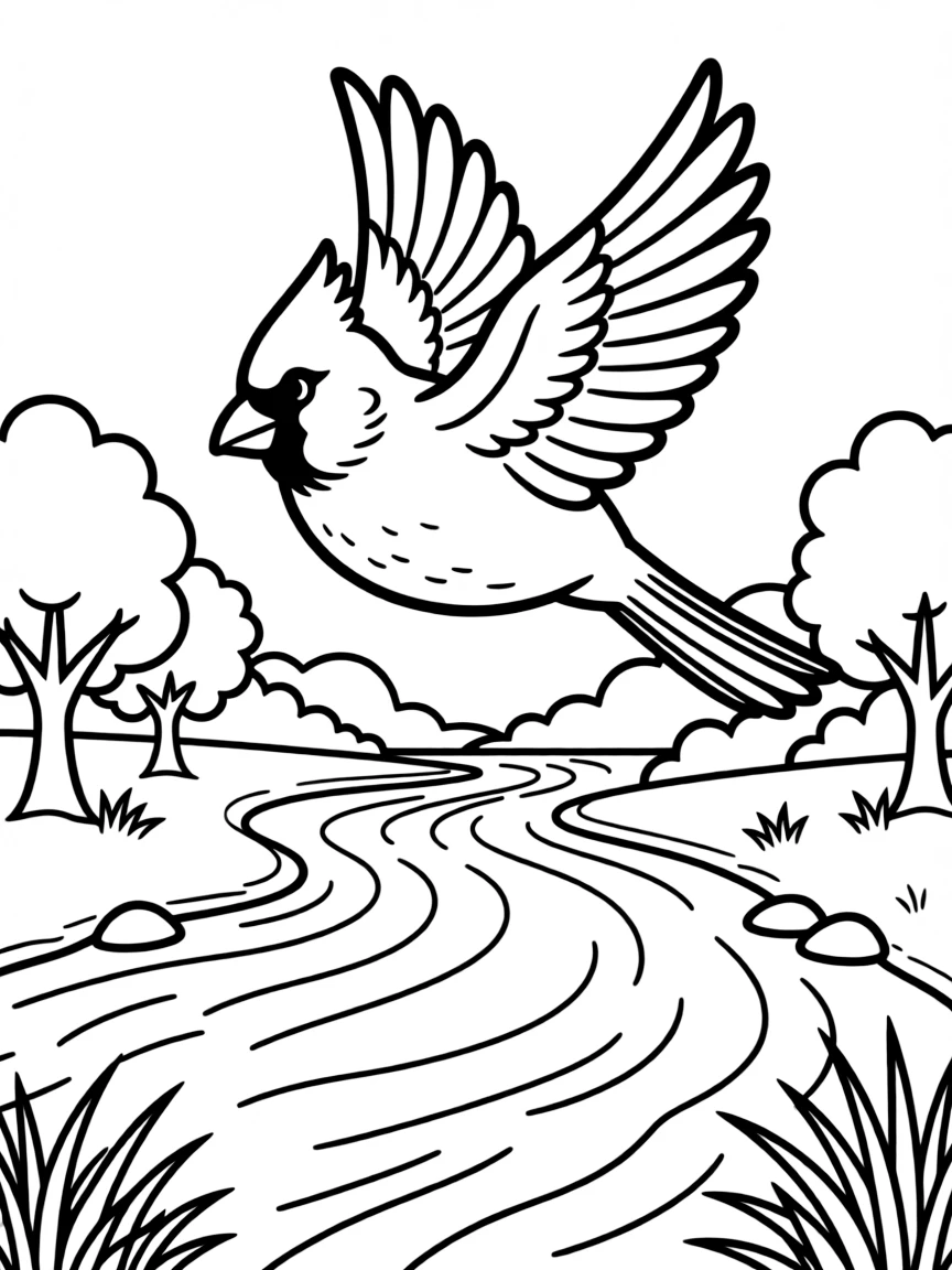 A cute cardinal flying over a river in Virginia.
