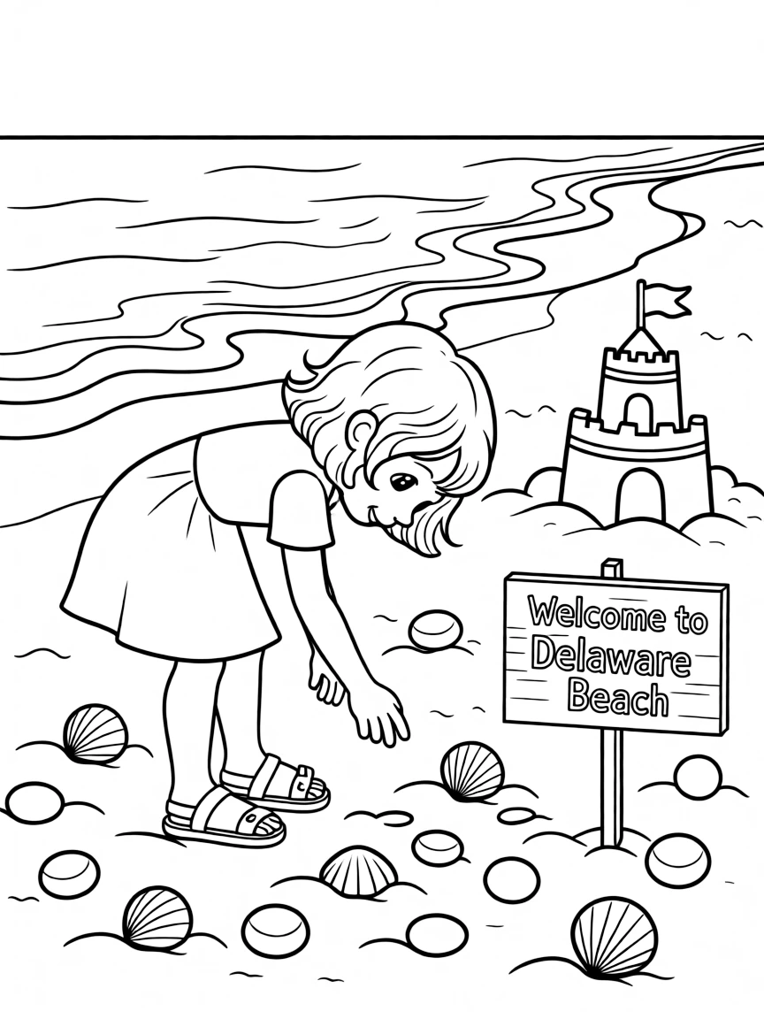 A little girl looking for shells on the beach in Delaware.