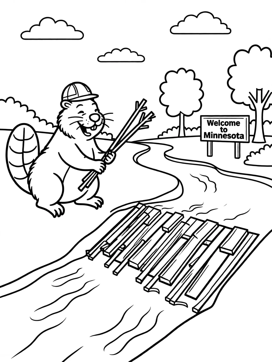 A happy beaver building a dam with sticks in Minnesota.