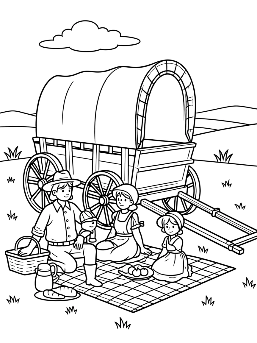 A brave pioneer family having a picnic by their wagon in Nebraska.
