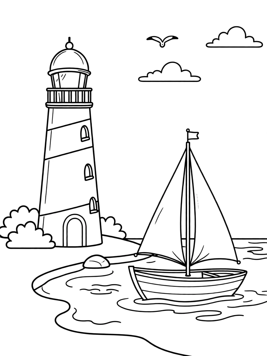 A cute little lighthouse with a boat sailing by in Rhode Island.