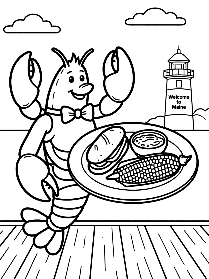 A friendly lobster serving a plate of food in Maine.