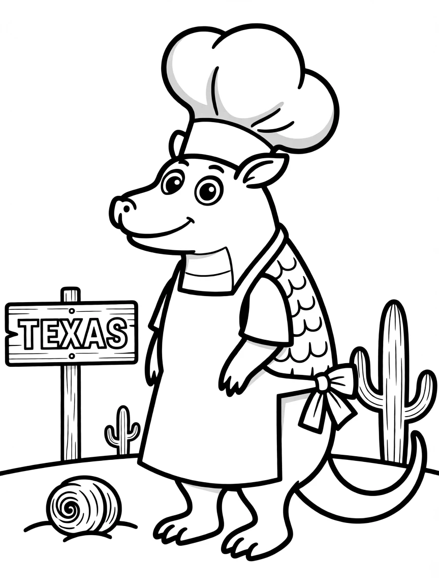 A friendly armadillo wearing a chef's hat in Texas.