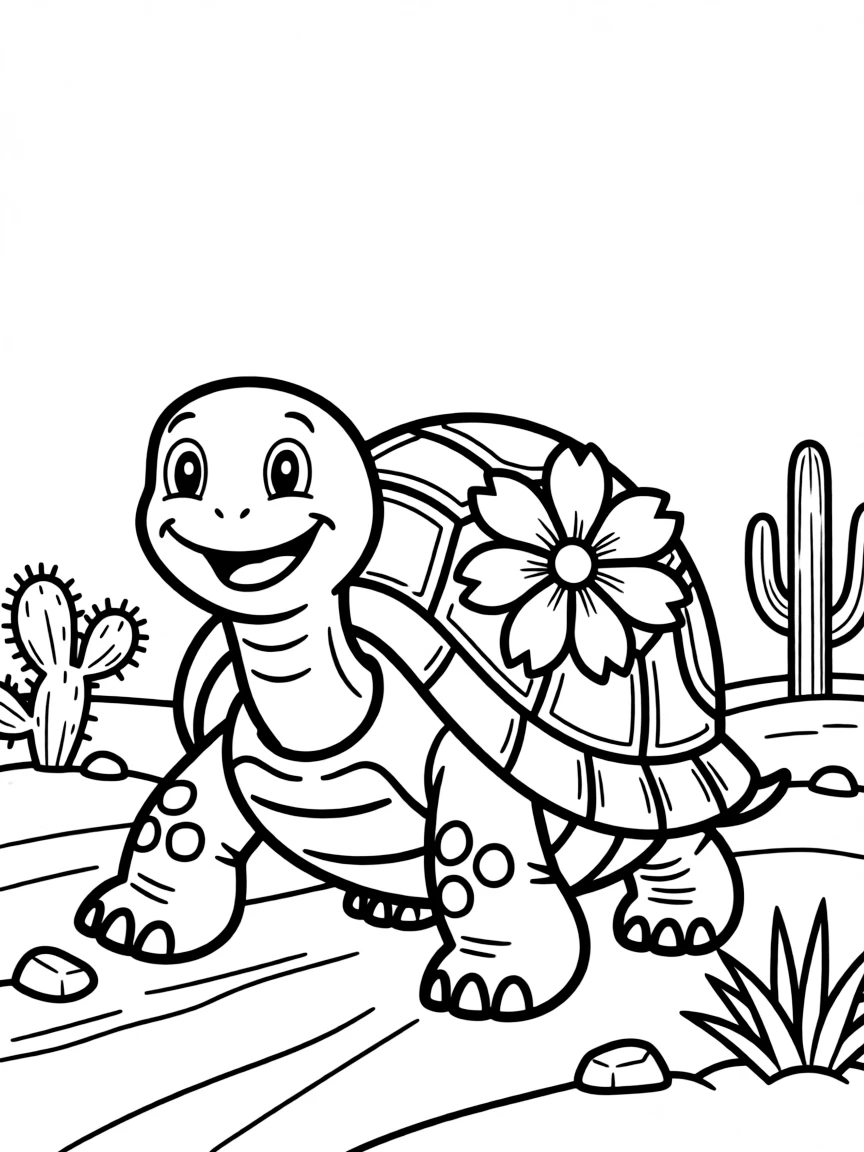 A smiling desert tortoise with a flower on its shell in Arizona.
