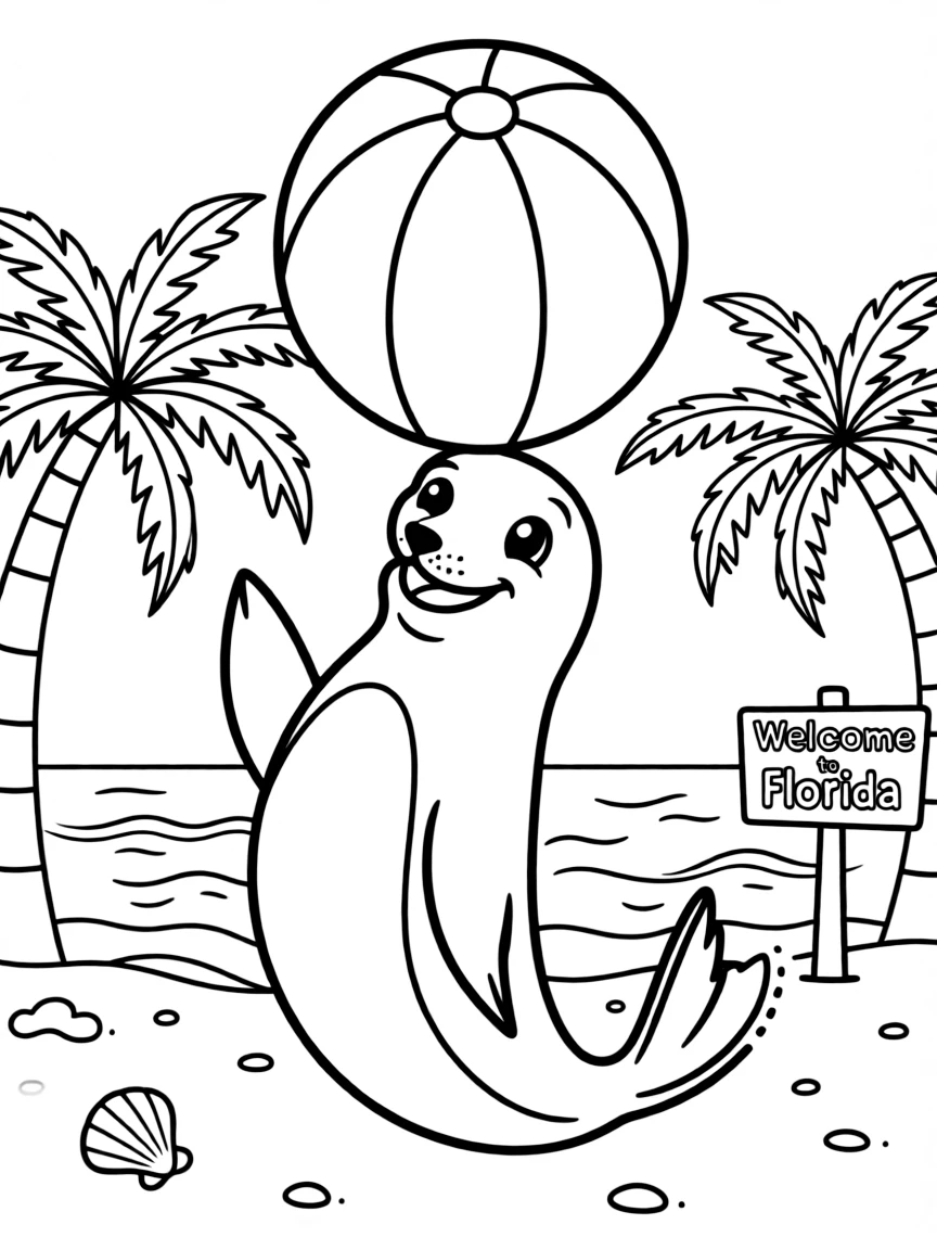 A joyful sea lion balancing a ball on its nose in Florida.