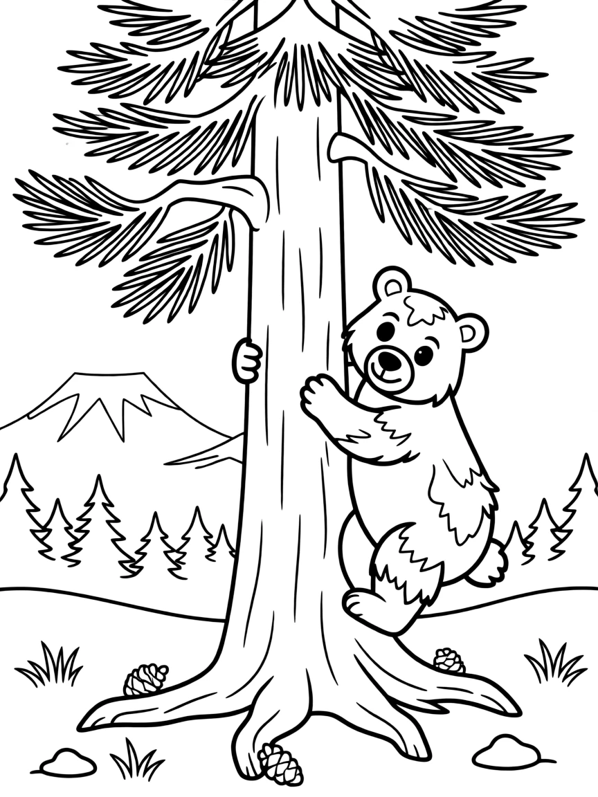 A curious bear climbing a tree in Oregon.