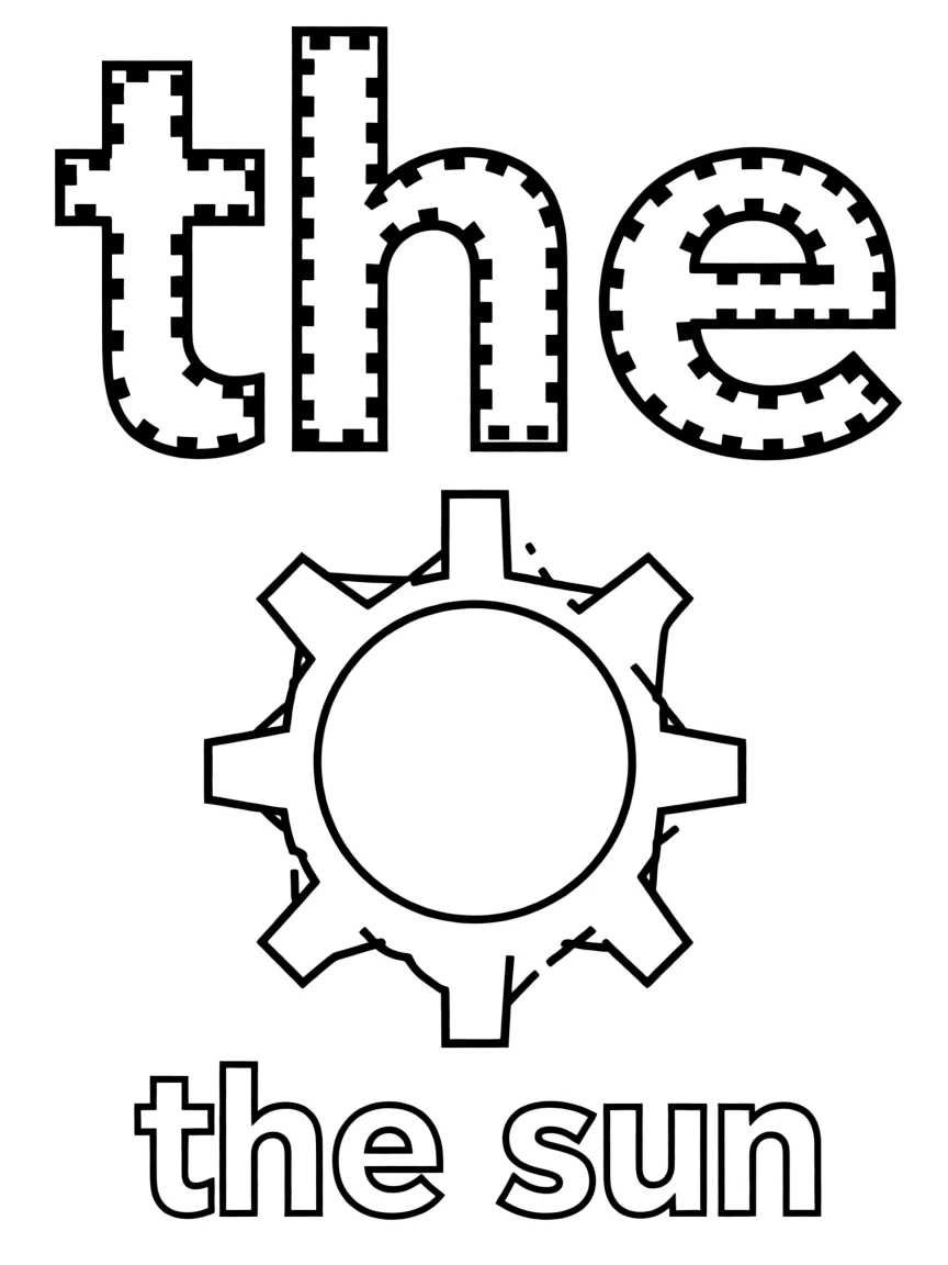 (sight word: the) Large dashed/outline tracing letters spelling the word "the" across the top of the page, sized for a child to trace with a pencil or crayon. Below the tracing letters, a simple, coloring-page illustration of a single sun shining in the sky, depicting the phrase "the sun". Underneath the illustration, the phrase "the sun" is written once in plain, clear print (not for tracing) so the child can connect the word "the" to its meaning.
