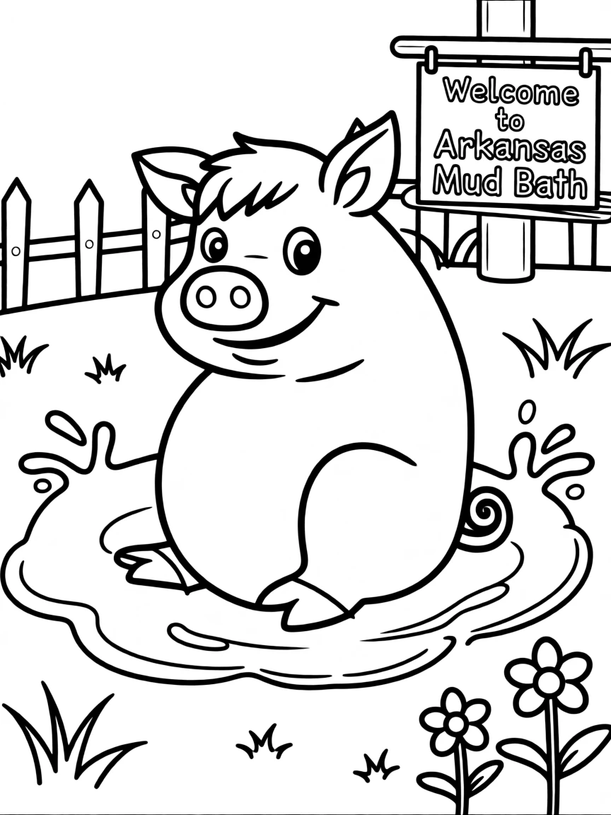 A happy pig sitting in a mud bath in Arkansas.