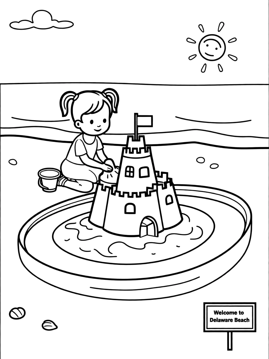 A little girl building a sandcastle with a moat in Delaware.