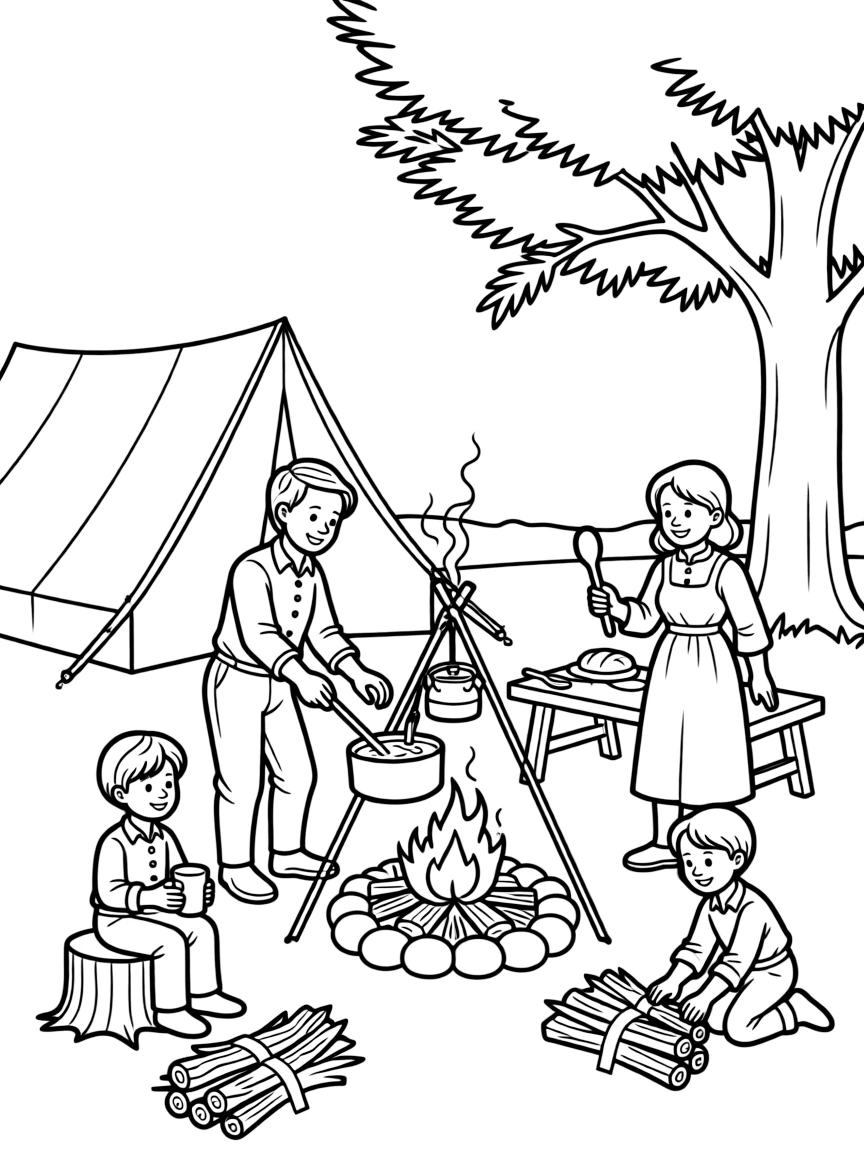 A brave pioneer family cooking over a campfire in Nebraska.