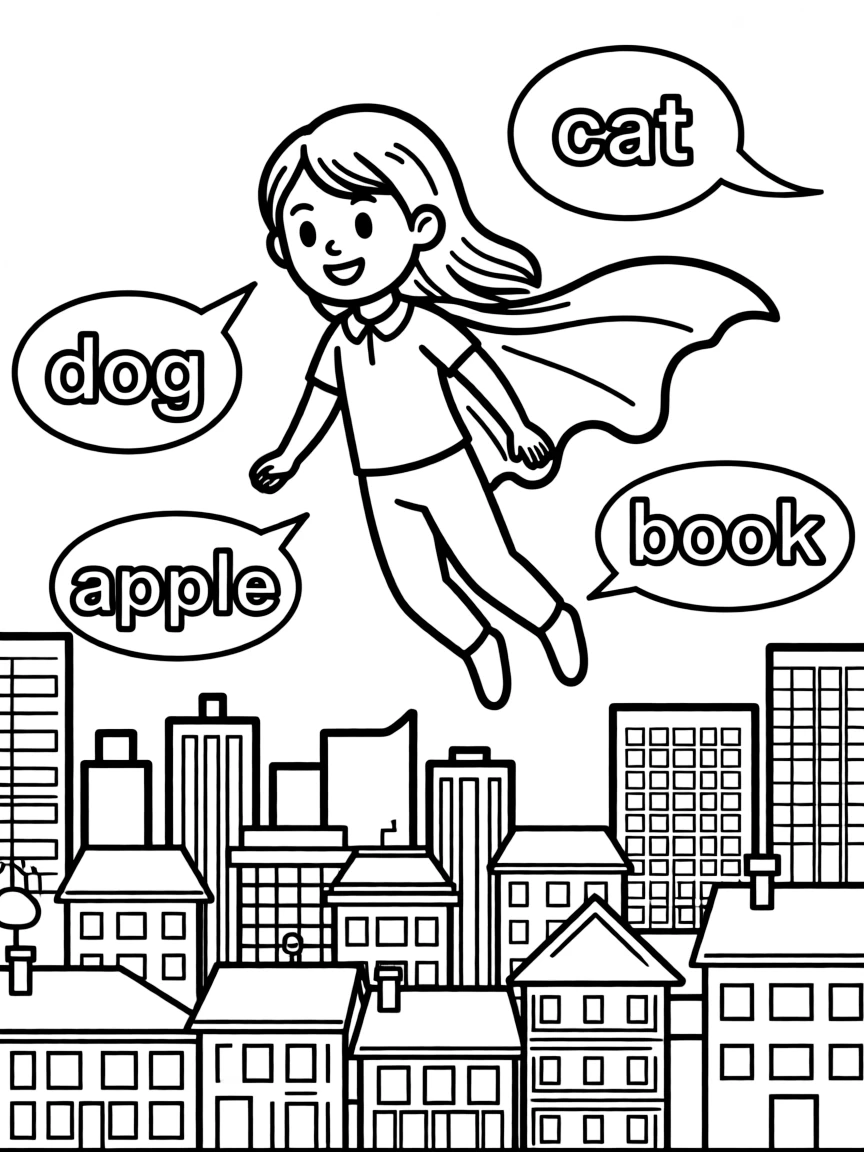 Word Girl flying through the city with her cape and vocabulary