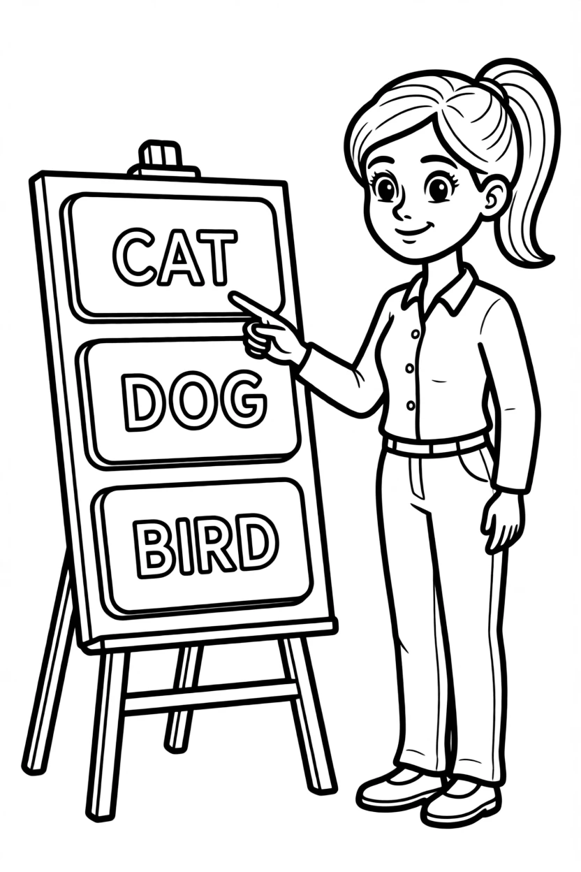 A language teacher points to flashcards with words in another language.
