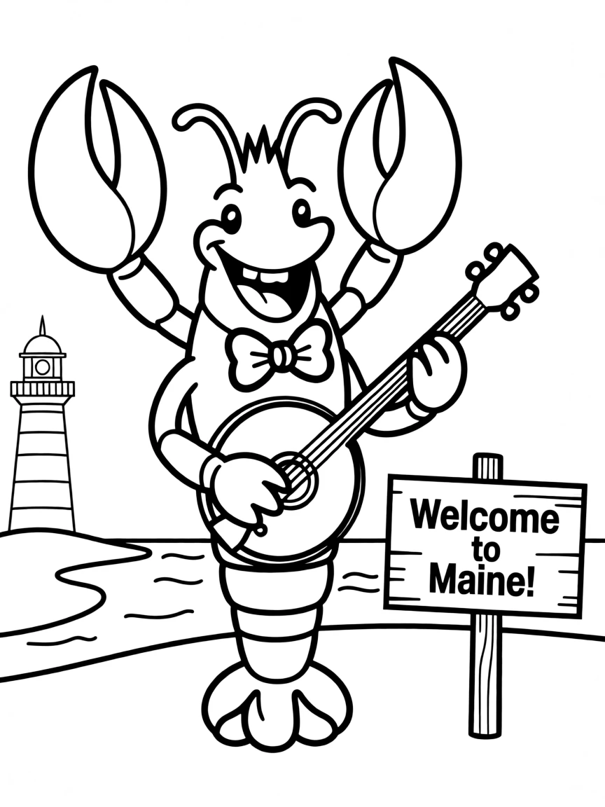A friendly lobster playing a banjo in Maine.