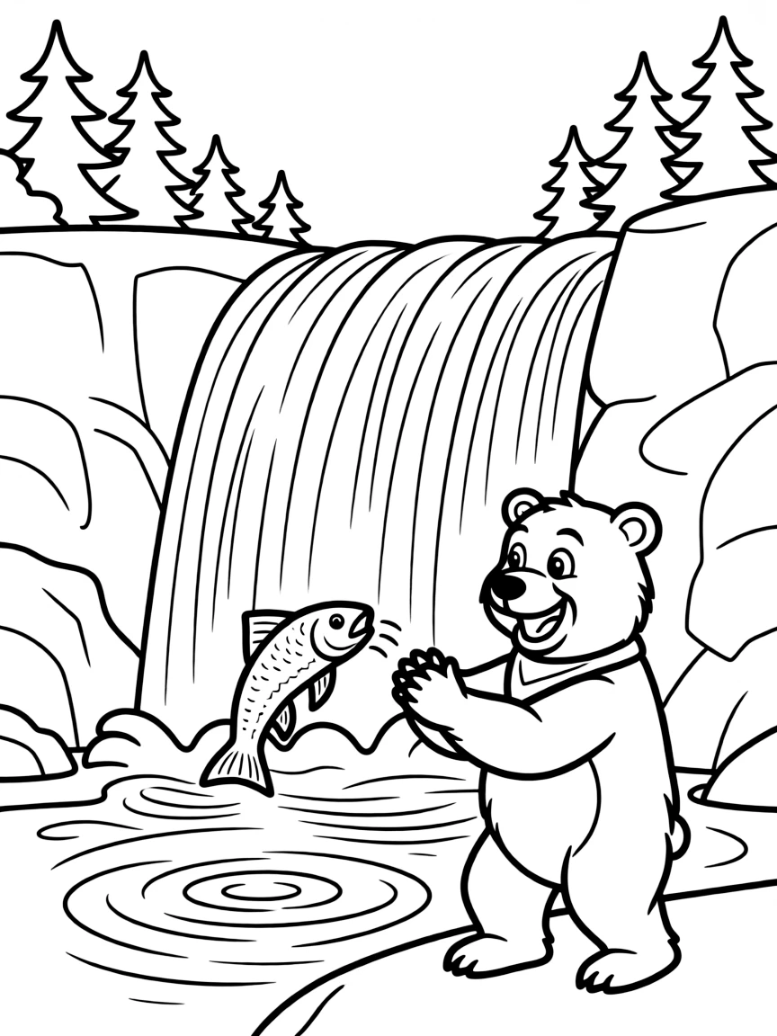 A happy bear catching a fish in a waterfall in Alaska.