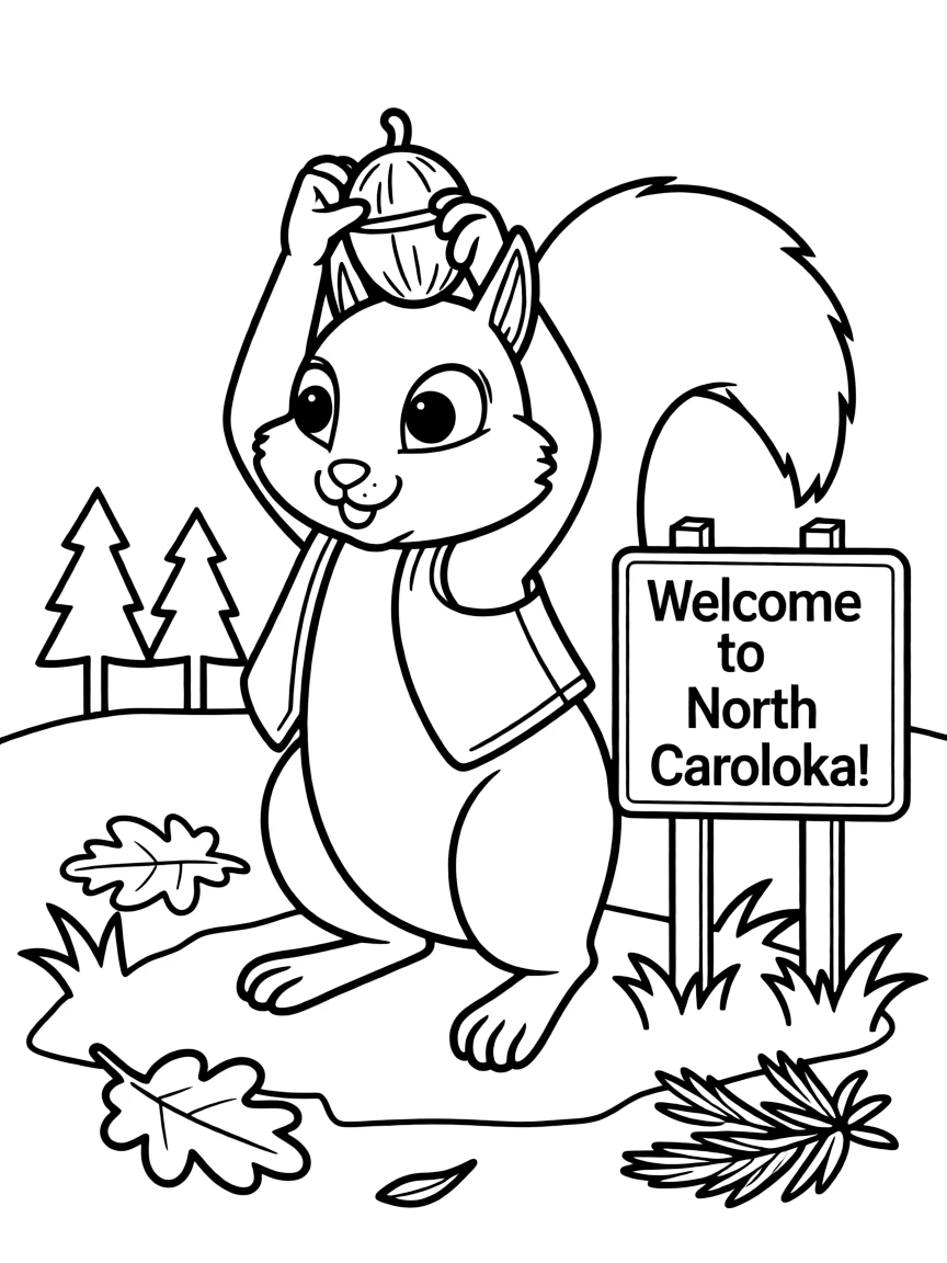 A playful squirrel with a nut on its head in North Carolina.