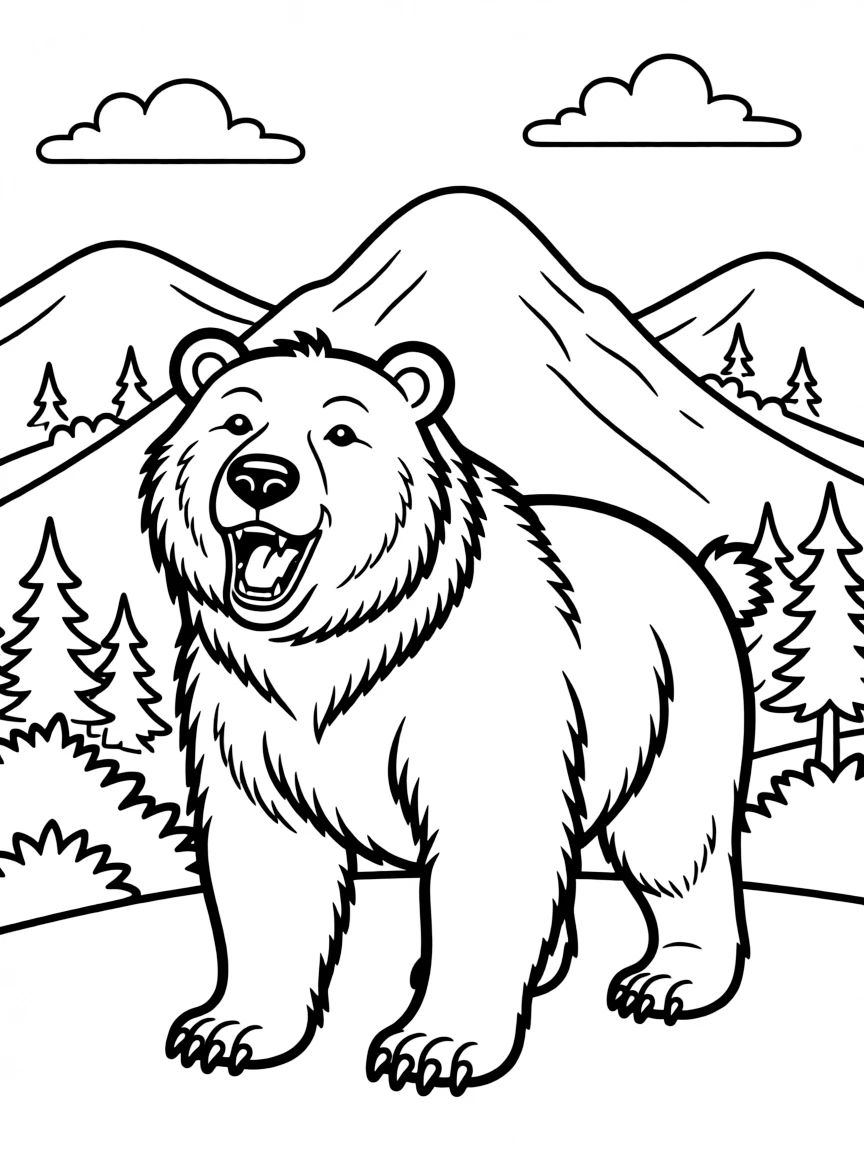 A happy grizzly bear roaring in the mountains in Montana.