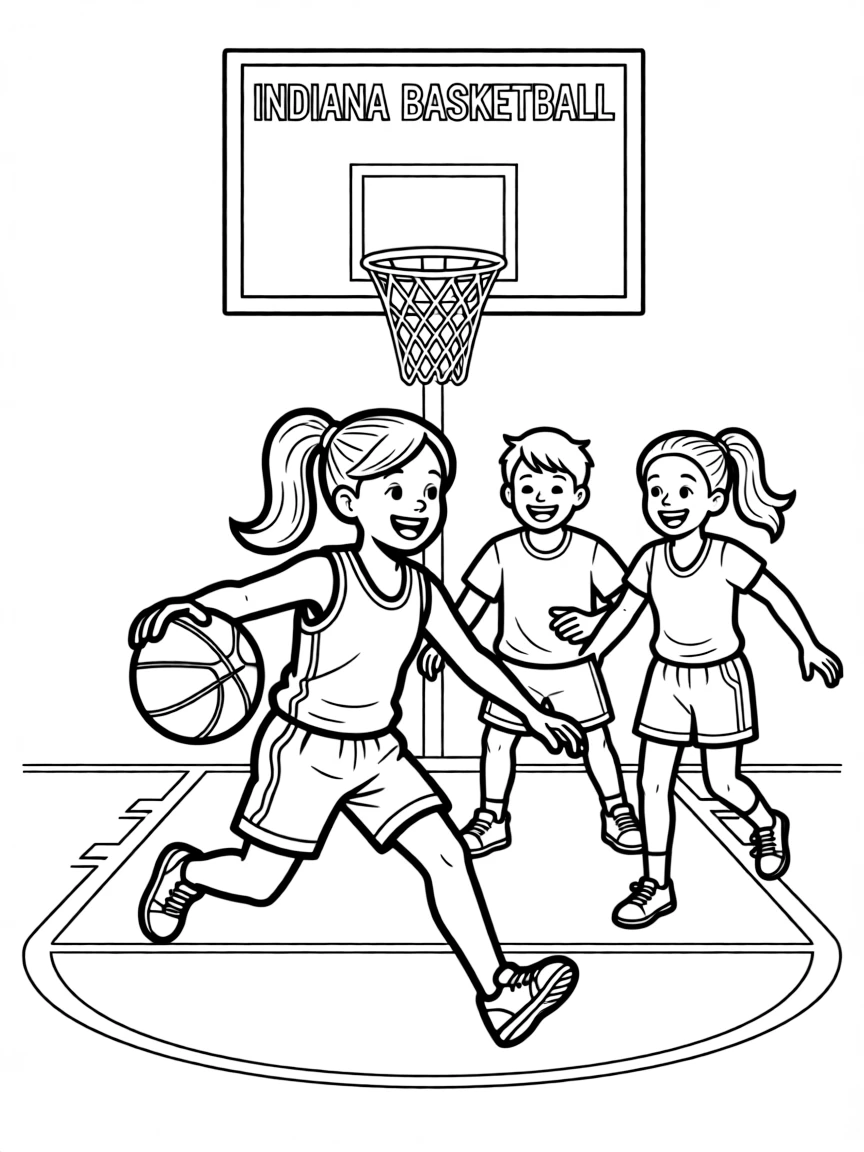 A cheerful little girl playing basketball with friends in Indiana.