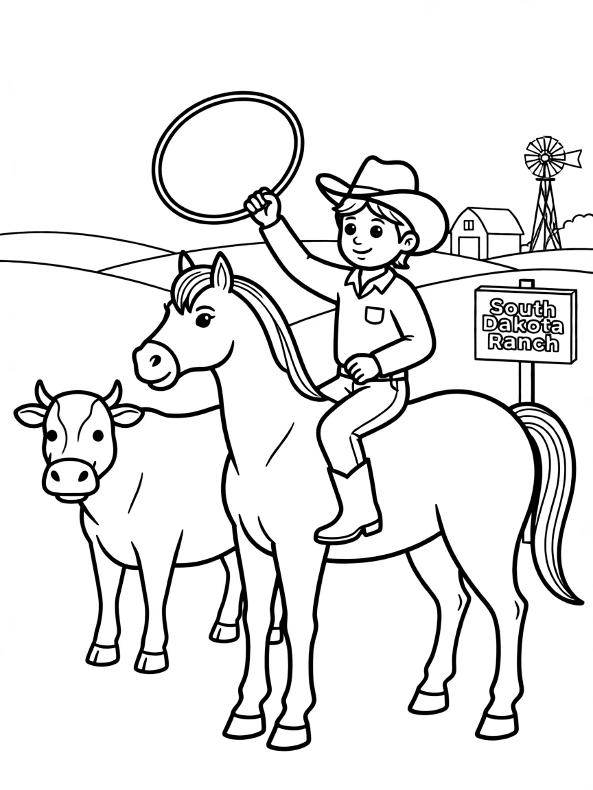 A tiny cowboy riding a lassoing a cow in South Dakota.