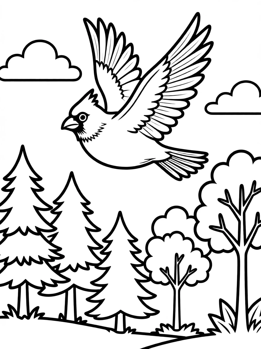 A cute cardinal flying over a forest in Virginia.